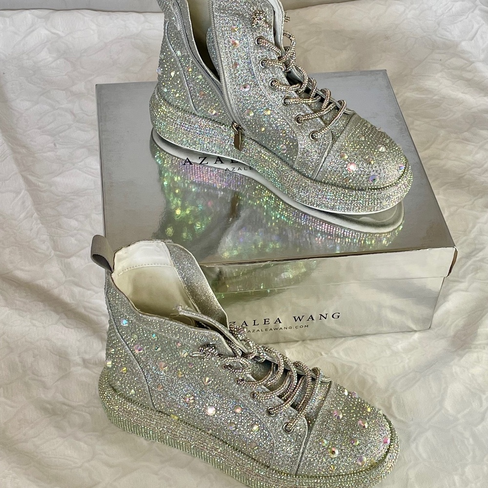 Azalea Wang Rhinestone High Top Silver Sneaker